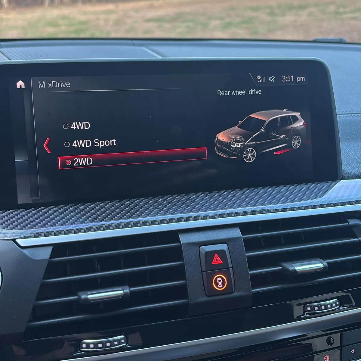 BMW F97 X3 M iDrive M xDrive menu with 2WD selected